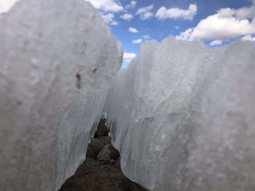 Forced perspective of ice on rocks